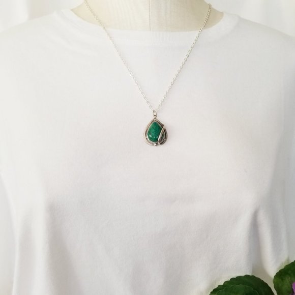 Teal Green Blue Agate Teardrop Gemstone & Sterling Necklace - Picture 3 of 14